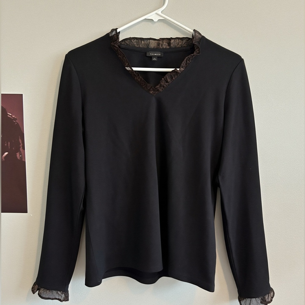 Talbots Black Long-Sleeve V-Neck Top with Lace Trim